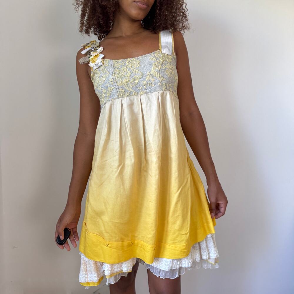 Vintage Euro Embellished Ombré Babydoll Dress with Lace Hem (S)